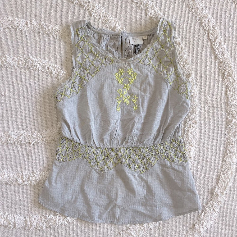 HD In Paris Tank in Soft Grey with Chartreuse Hand Embroidery Detail